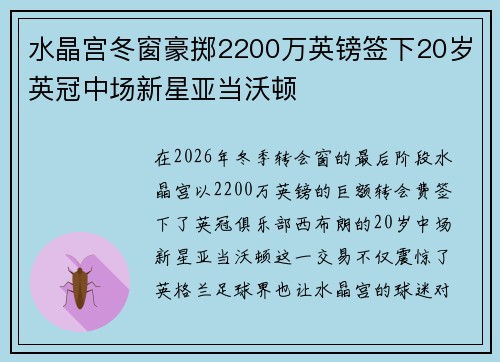 水晶宫冬窗豪掷2200万英镑签下20岁英冠中场新星亚当沃顿 水晶宫冬窗豪掷2200万英镑签下20岁英冠中场新星亚当沃顿